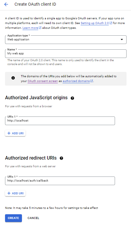 client set up in google cloud console